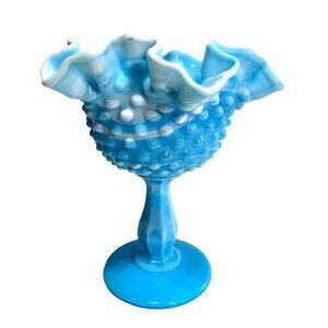 VINTAGE FENTON HOBNAIL SLAG GLASS CANDY DISH COMPOTE BLUE SLAG GLASS 6" TALL
